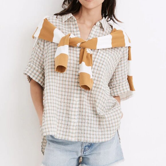 Madewell Gingham Seersucker Daily Button Down Top XS Short Sleeve Gauze Cotton - Picture 1 of 10